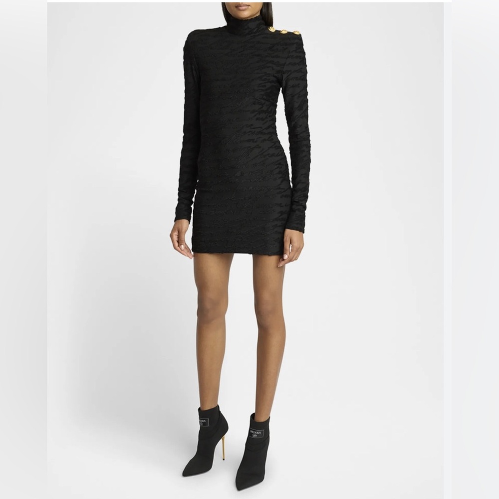 Balmain knit mock neck mini dress Navy Blue with gold hardware